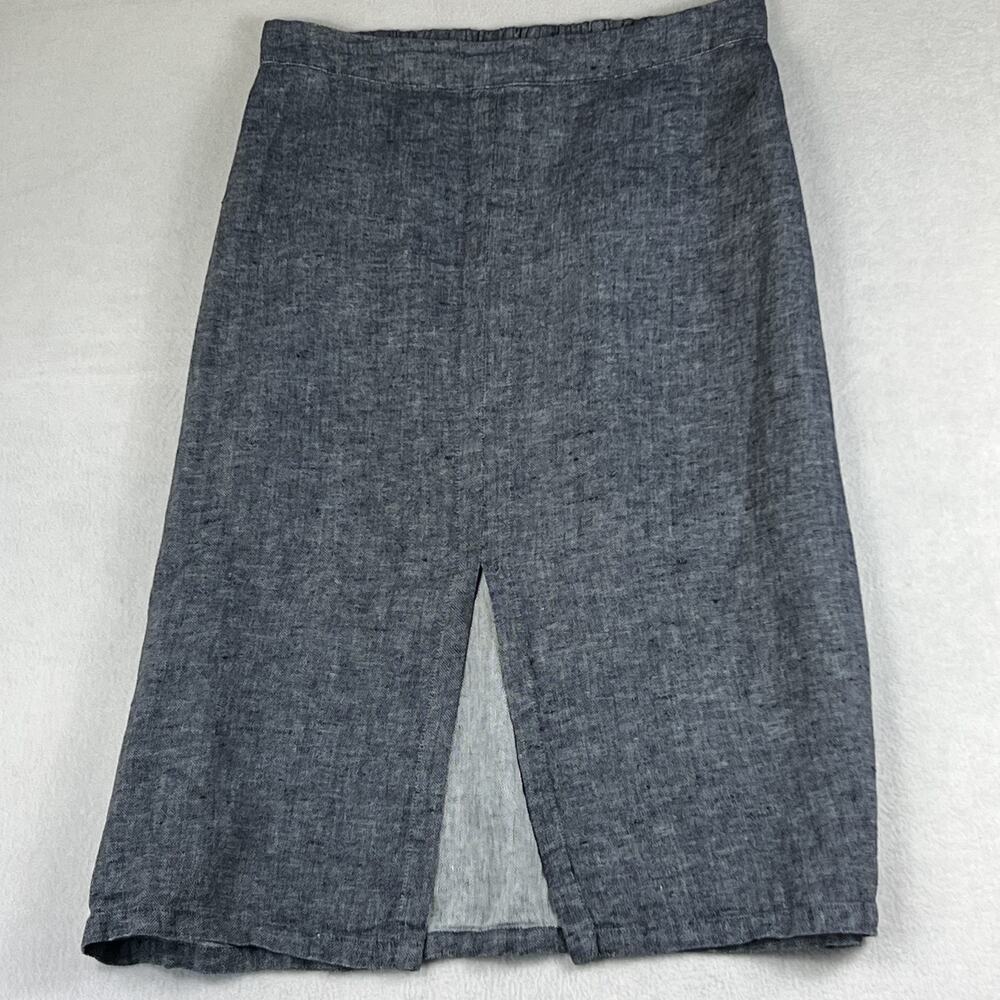 FLAX Skirt Women 1G Gray 100% Linen A-Line Lagen Boho Slit Elastic Waist Pull On